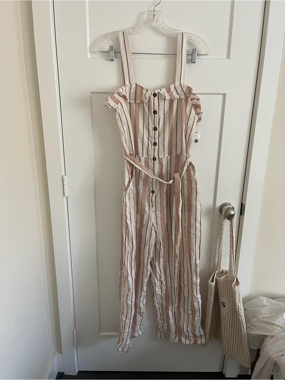 Billabong White Jumpsuit with Blue and Pink Stripes